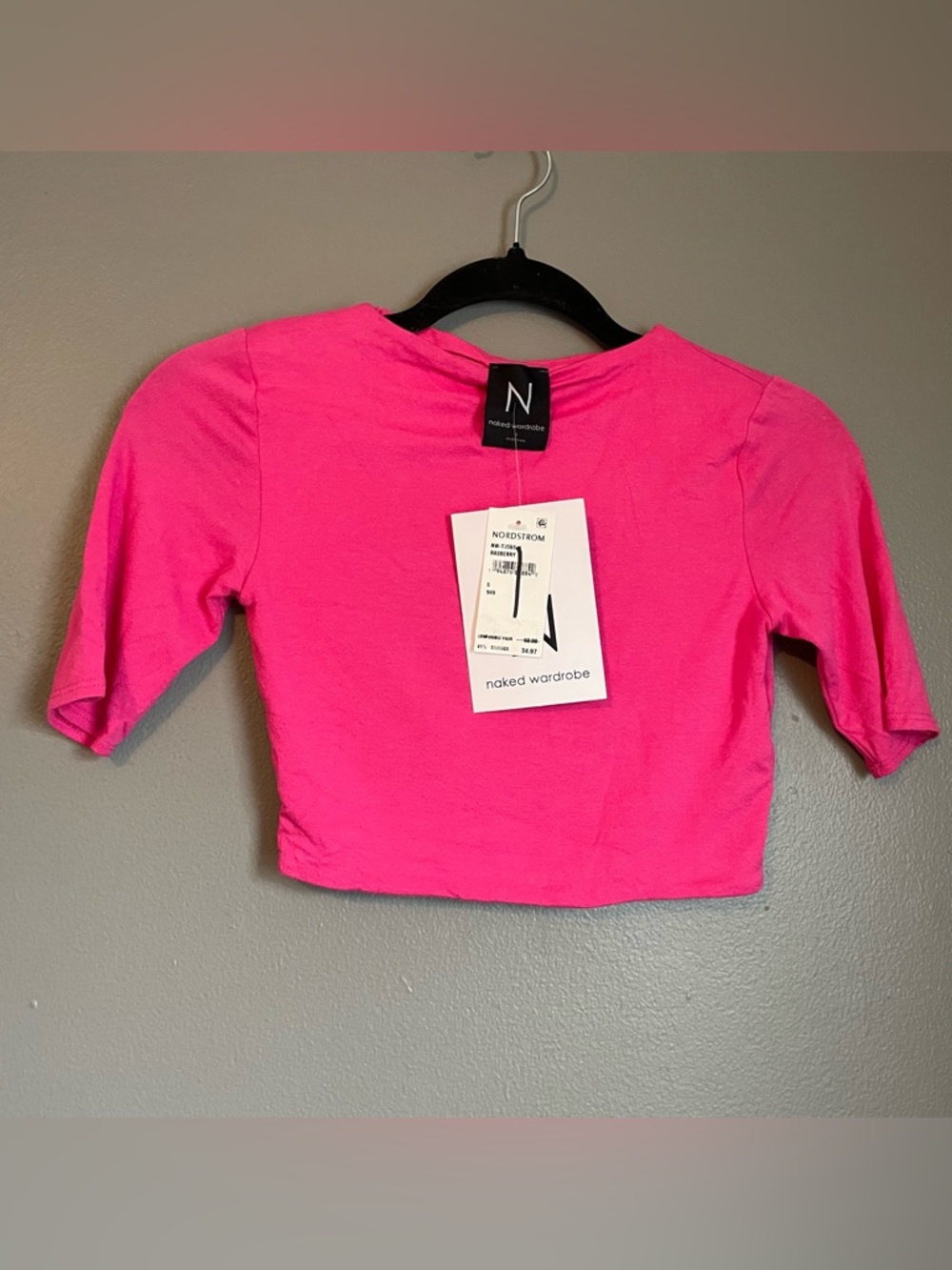 NWT Naked Wardrobe Sz Small Pink Raspberry Stretch Crop Blouse Top Ret $50!